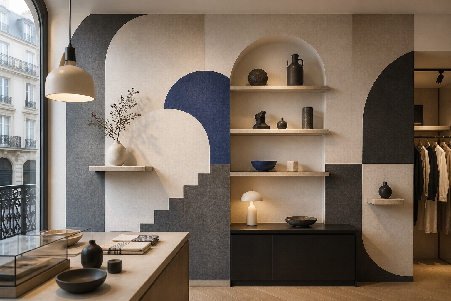 Décor mural sobre dans une boutique parisienne
