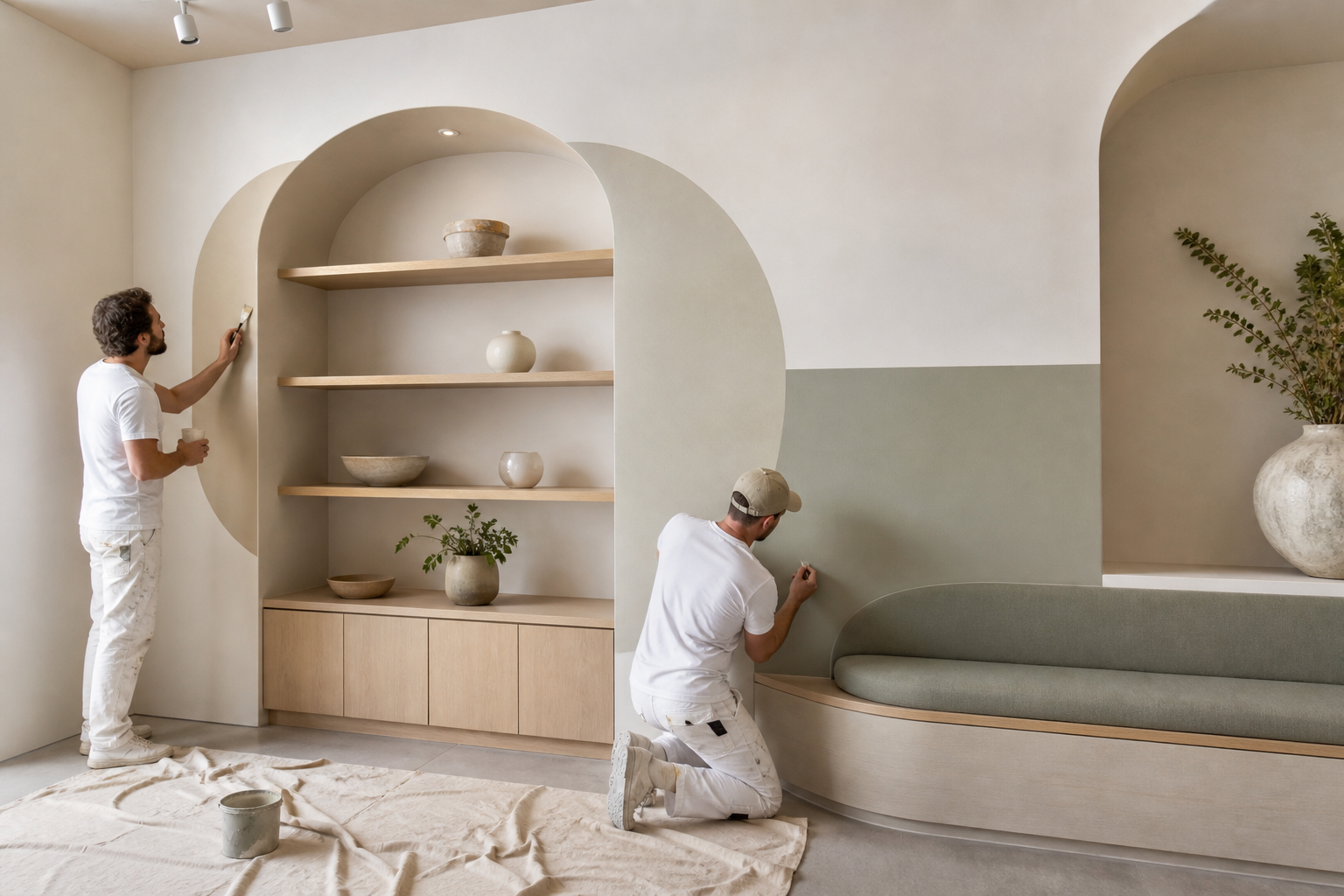 Peintres décorateurs autour d'un mobilier intégré